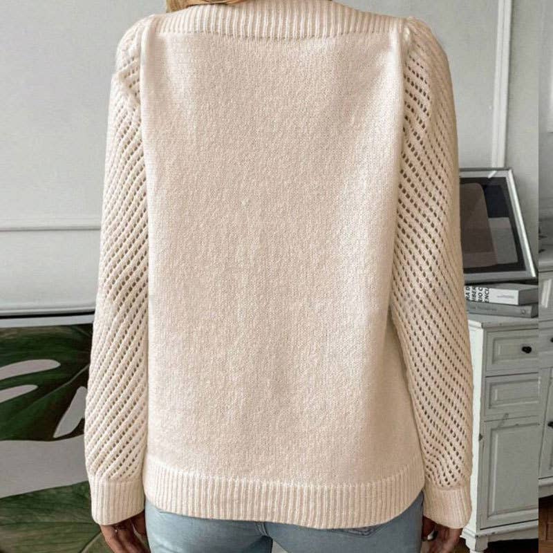 Beige plain open knit sleeve patchwork pullover jumper for wholesale on Faire2