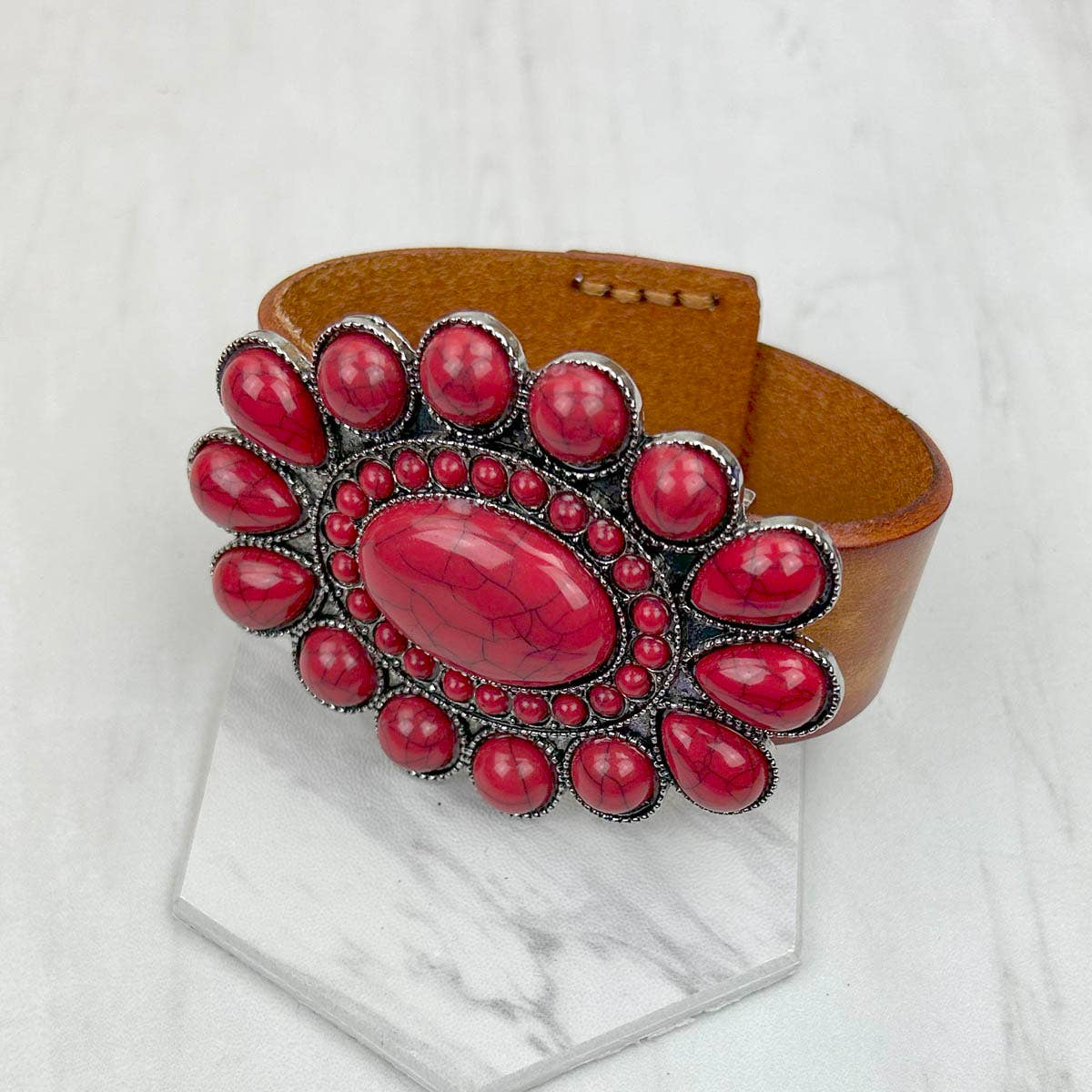 Western Elite Jewelry – Großhandel Armreif – NKZ231226-14 Braunes Lederarmband mit großem ovalem Concho-Armband aus blauem türkisfarbenem Stein4