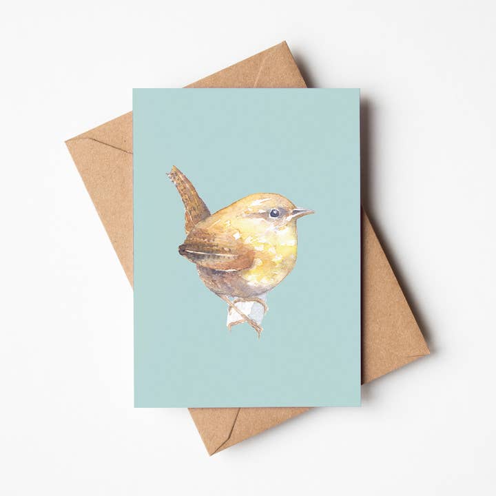 Wren Card Blue Background for wholesale by Louise Man Art
