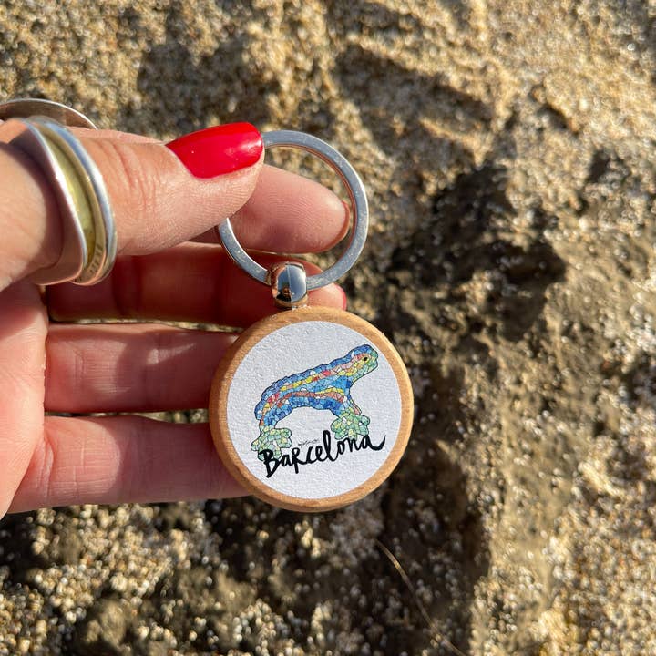 Barcelona porta-chaves madeira e inox por atacado de Sol Courreges Boné Gifts