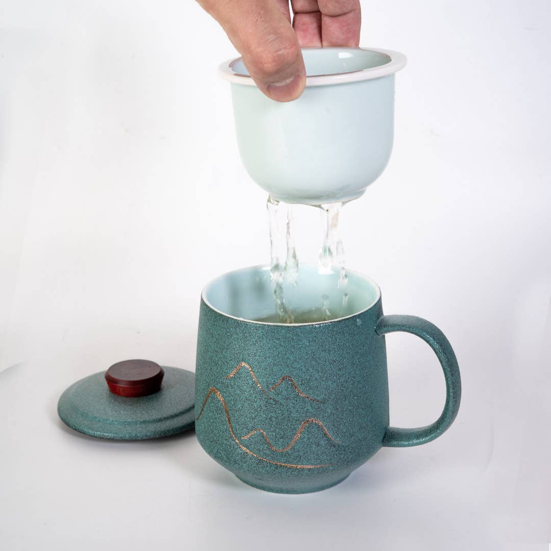 Urban Tokyo – wholesale Coffee mug – 12oz Tea Mugs with Lid and Infuser for Loose Leaf Tea Mountain Design Green (4/48)2