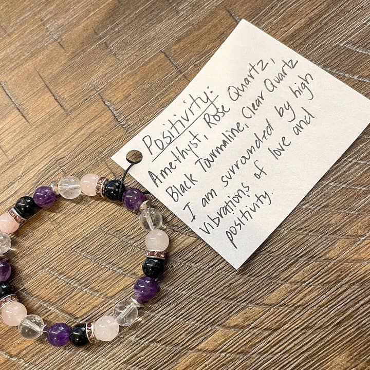 POSITIVITY Positive Beaded Bracelet Amethyst Rose Quartz Tourmaline FEELINGS Collection Intention Affirmations Handcrafted Boho Hippie Chic for wholesale by PetrichorKC