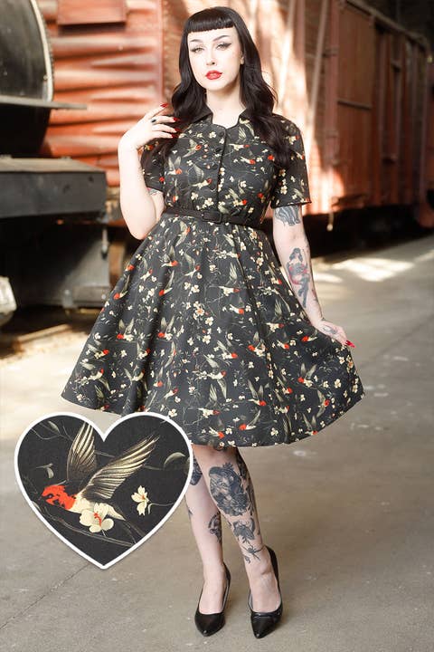 Penelope Rockabilly Black Bird & Floral Print Shirt Dress for wholesale by Dolly & Dotty