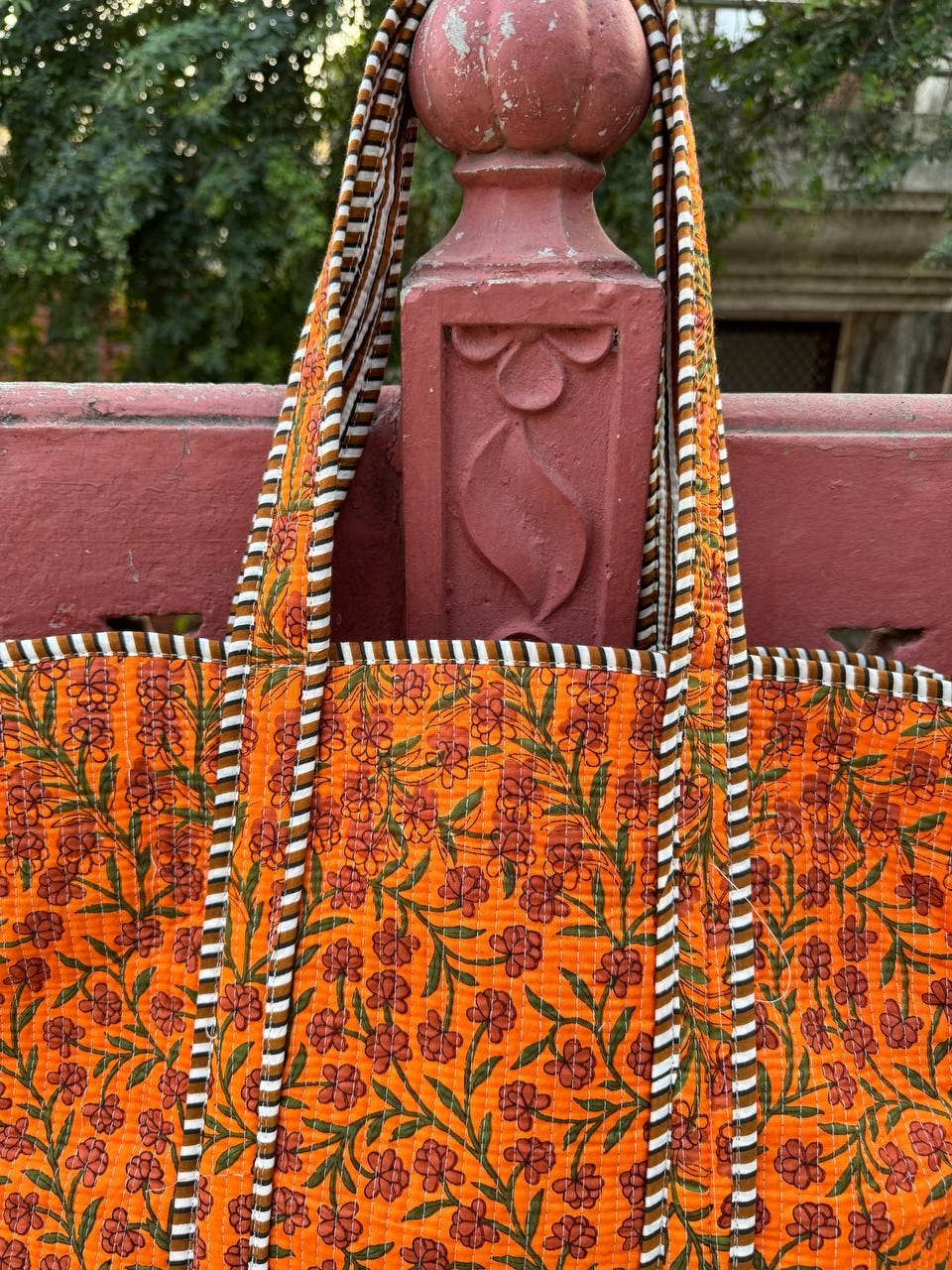 bhavnas boutique - Wholesale Tote Bag - Women's - Orange Cotton Quilted Bag Small Floral Printed Shoulder Bags1