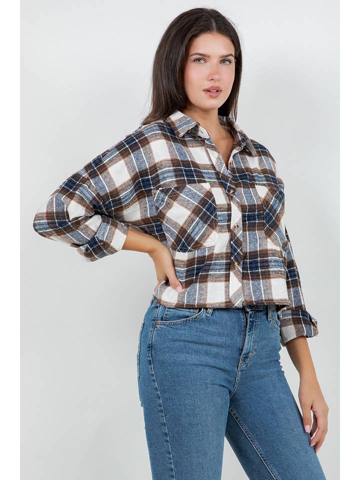 Veracci - Wholesale Button Down Shirt - Women's - Cropped Oversized Plaid Flannel Shirt5