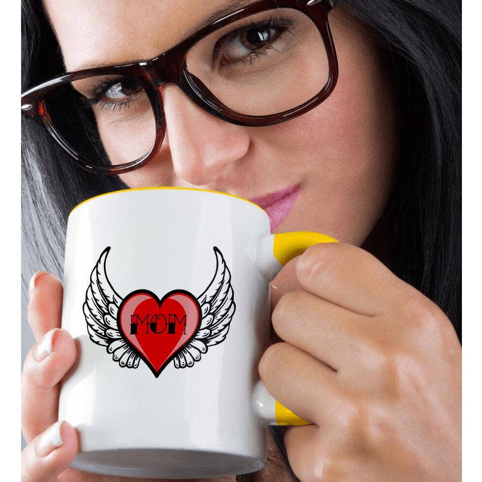 3dRose - Wholesale Coffee Mug - 3dRose, Mom in tattoo lettering inside a red heart with angel wings., Mug1