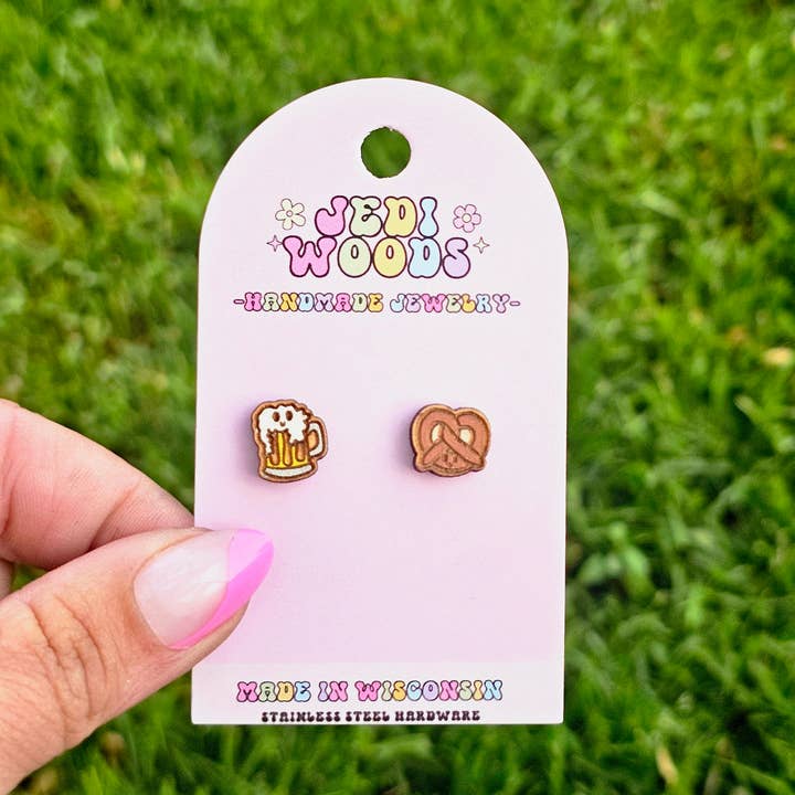 Beer and Pretzel Stud Earrings - Hand Painted Mismatch Pair for wholesale by Jedi Woods LLC