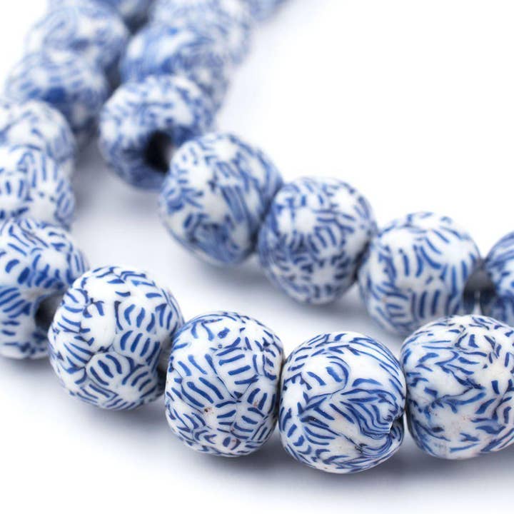 The Bead Chest - Wholesale Beads - 14mm Blue And White Fused Recycled Glass Beads1
