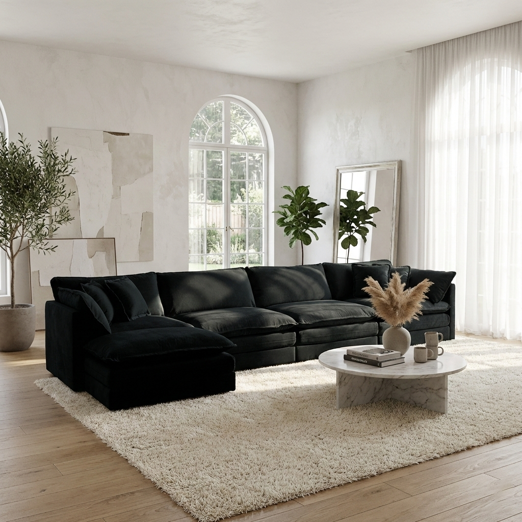 HOMYCASA DESIGN INC - Vente Canapés - Canapé d'angle modulaire en chenille rembourrée Fremont 147" en forme de L avec ottomane5