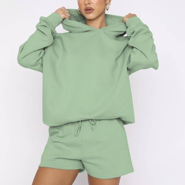 HIDDENBRAND - Wholesale Lounge Set - Women's - Oversized hooded sweatshirt and short 2 piece set outfits13
