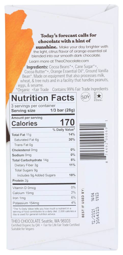 KeHE Distributors, LLC - Wholesale Chocolate Bar - Theo Chocolate Chocolate Bar Dark Oran Organic 3 oz1