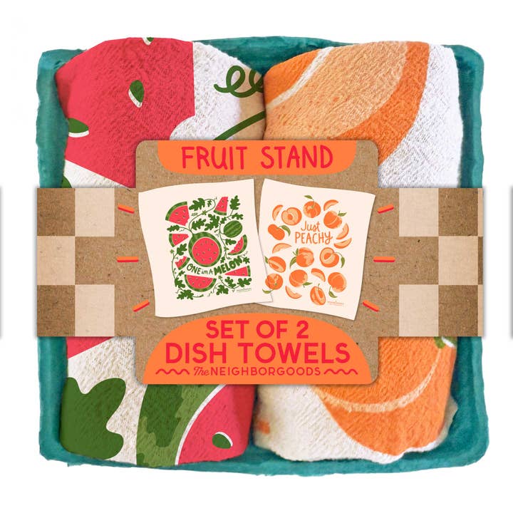 ÉTAL DE FRUITS (Pastèque, Pêche) - Ensemble de 2 torchons pour la vente par The Neighborgoods