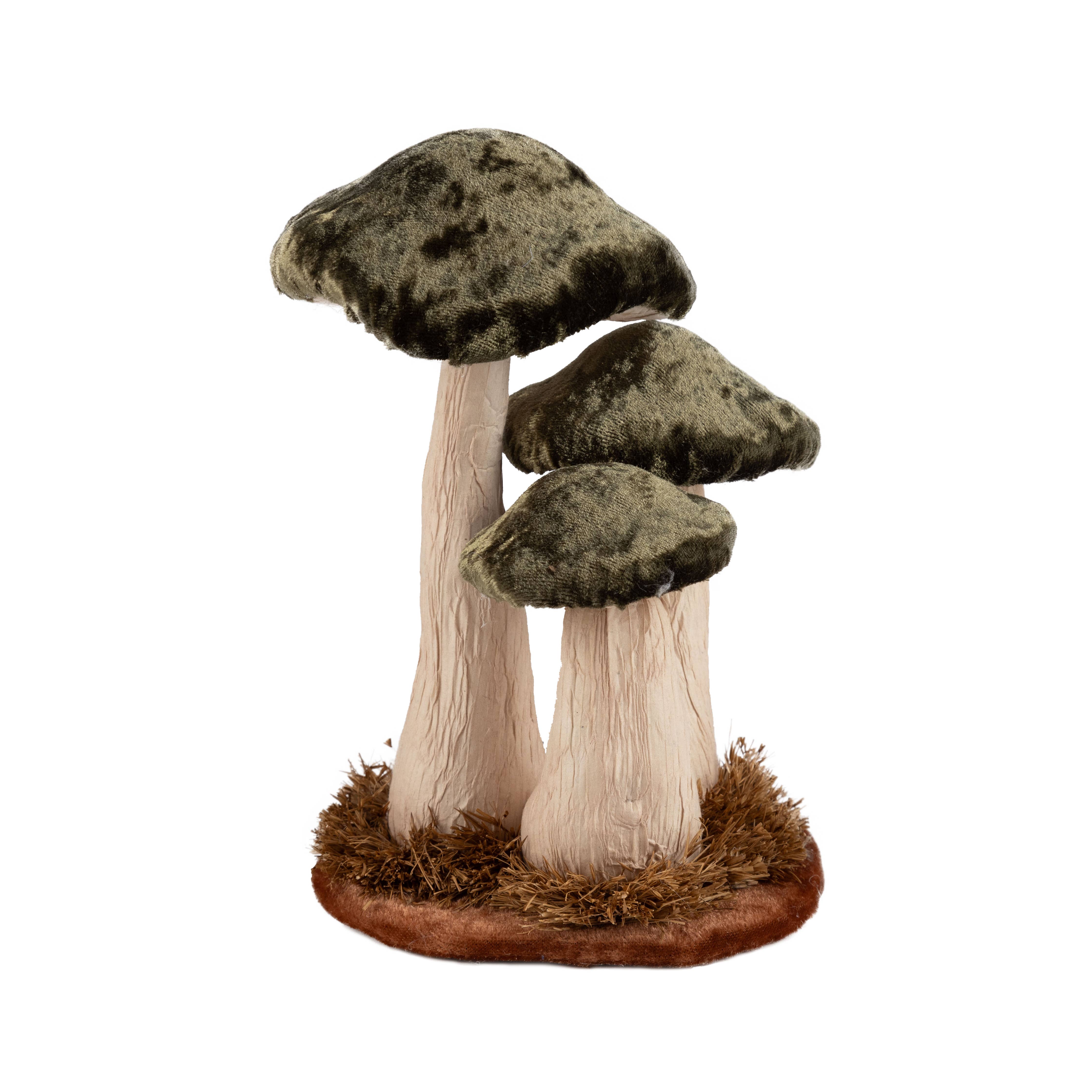 Silver Tree Home & Holiday - Vente Objets de décoration - A64441 : Trio de champignons en velours, vert foncé, tige en papier, mousse, 19 cm