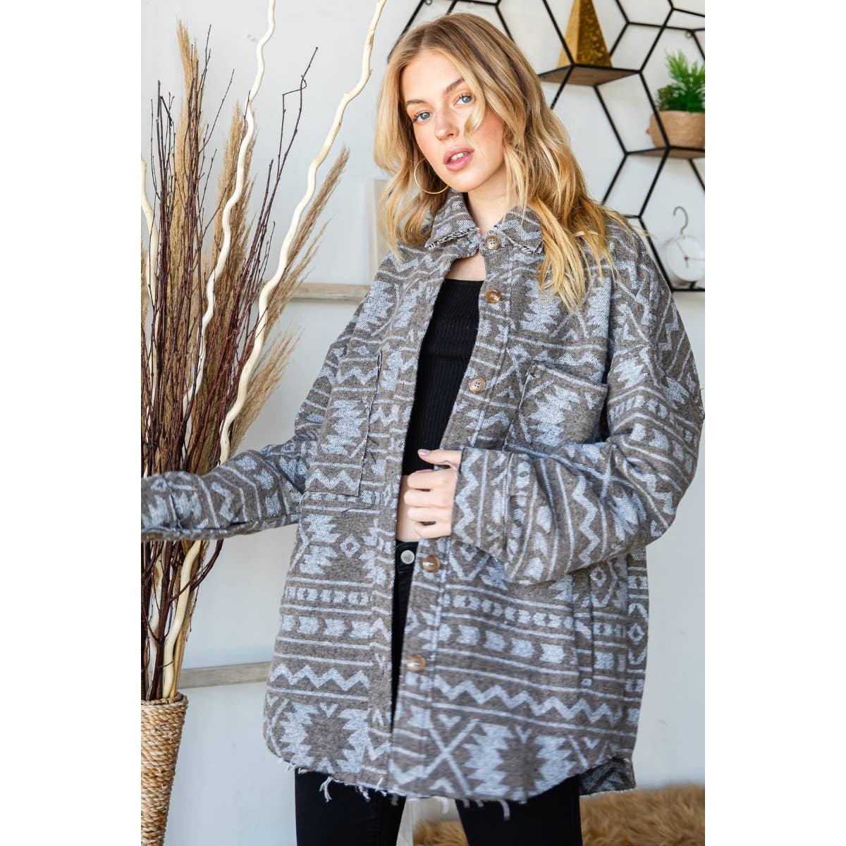 Grey Oilve Oversize Aztec Long Fit Jacket for wholesale on Faire1