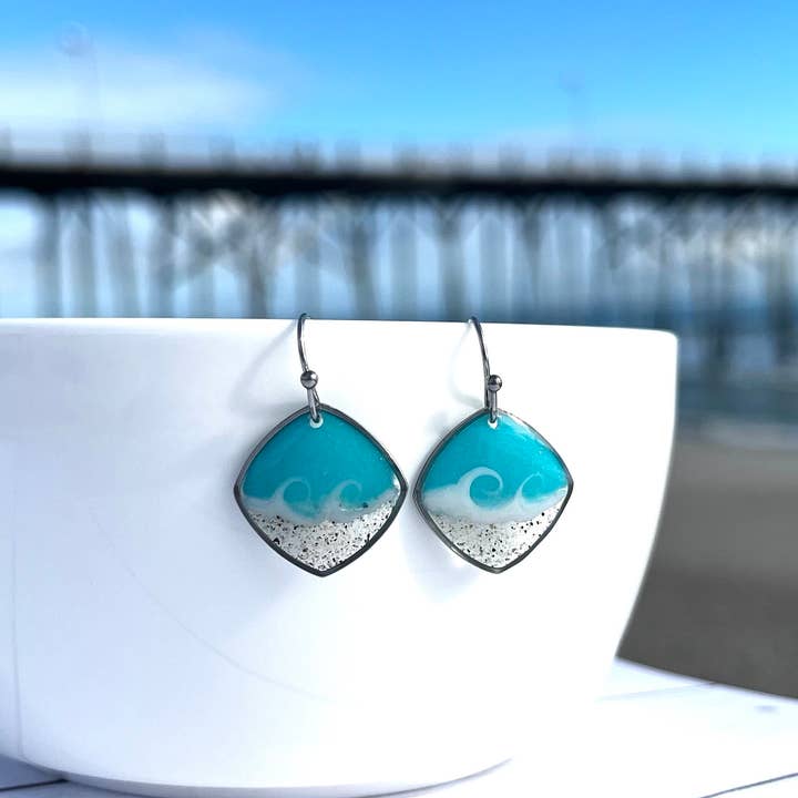Sandy Beaches Shop - Wholesale Dangle Earrings - Custom Sand Square Wave Dangle Earrings | Beach Sand