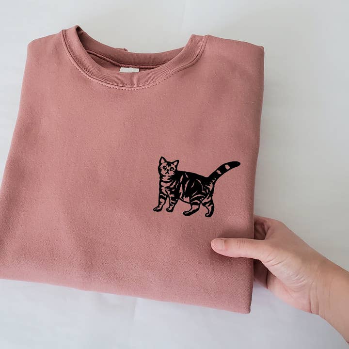 Cat sweatshirt, unisex hand printed sweater, cute kitten, cat lover gift, himalayan cat print, tabby, black cat, ethical fashion for wholesale by M.E. Image