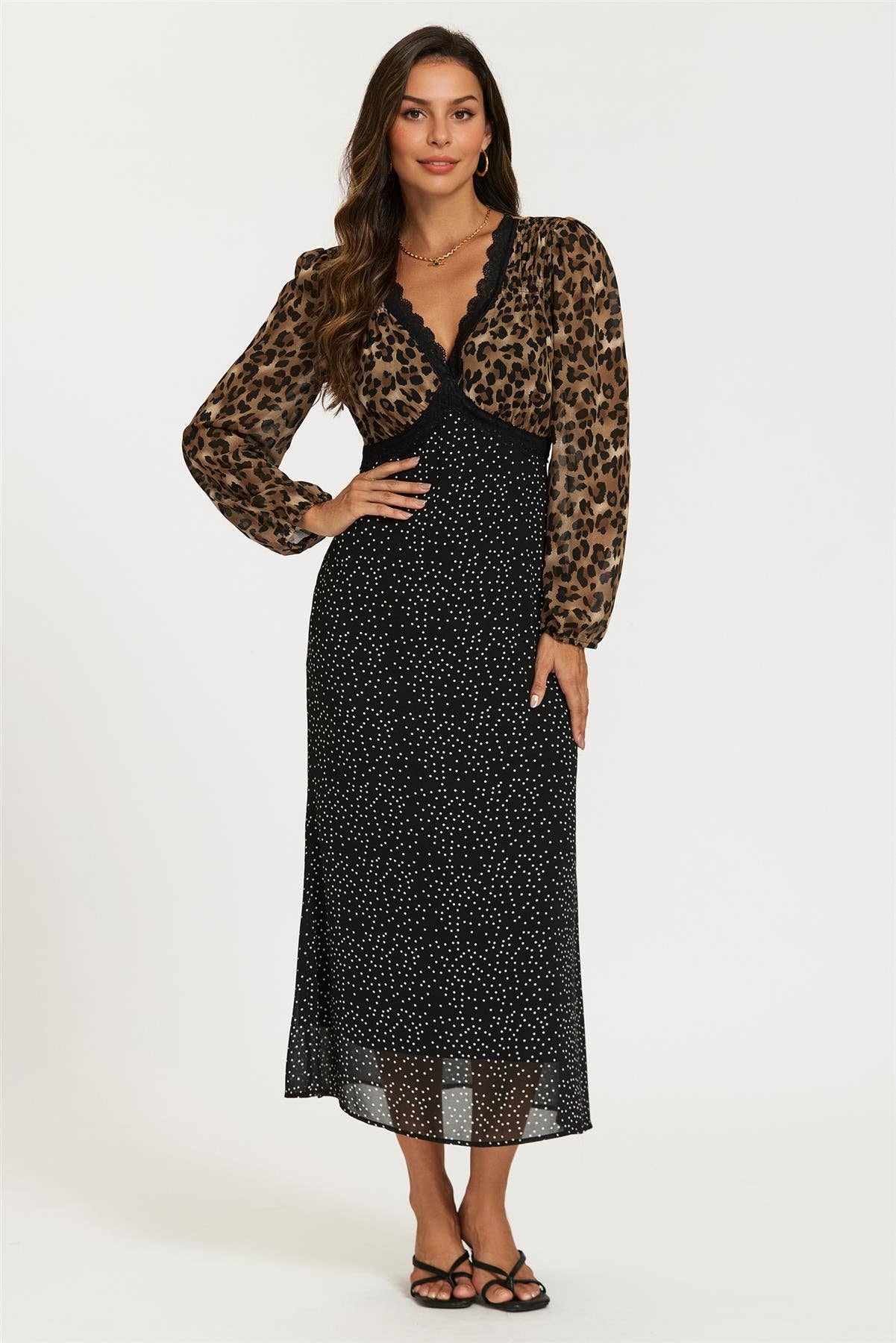 Black Dot & Brown Leopard Print Long Sleeve Maxi Dress for wholesale on Faire1