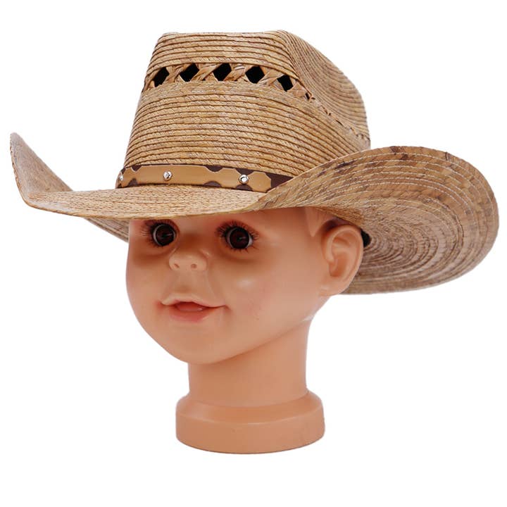 Cap Zone - Wholesale Cowboy Hat - Kids - Kids Biggs Crown Palm Leaf Straw Cowboy Hat