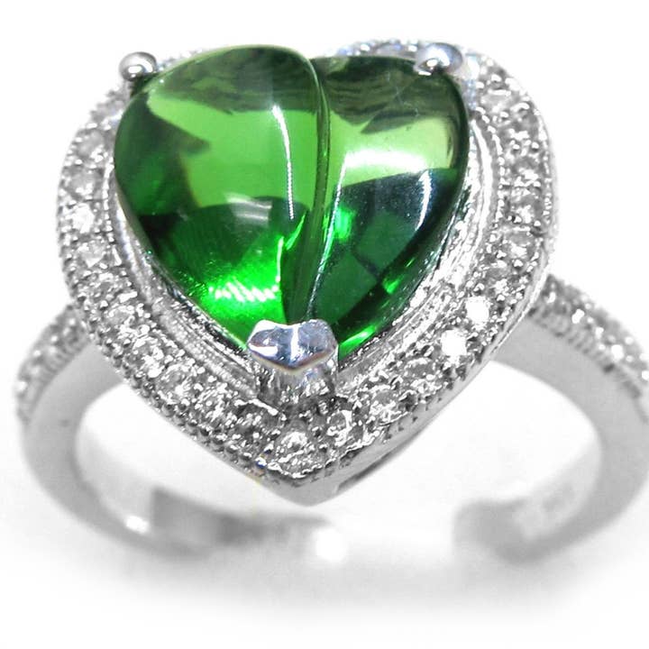 2.5ct Forest Green Helenite Heart Halo Silver Ring for wholesale by Twan Kee Jewelry