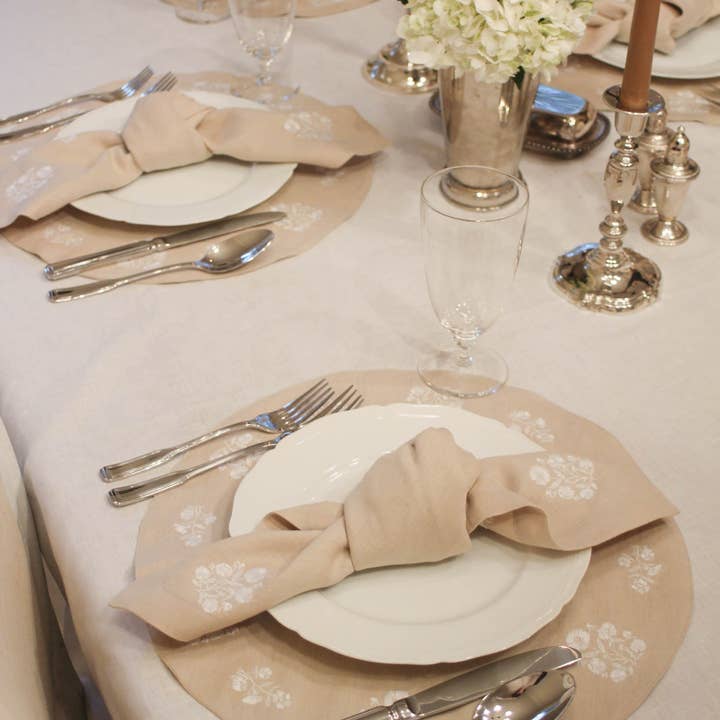 Natural White Embroidered Dinner Napkins in Linen Cotton, Set of Four for wholesale on Faire13