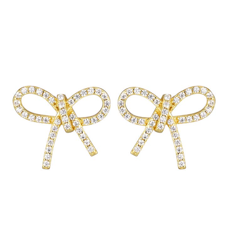 Boucles d'oreilles à nœud papillon en argent sterling plaqué or et zircone cubique blanc pour la vente par Dlux Jewels