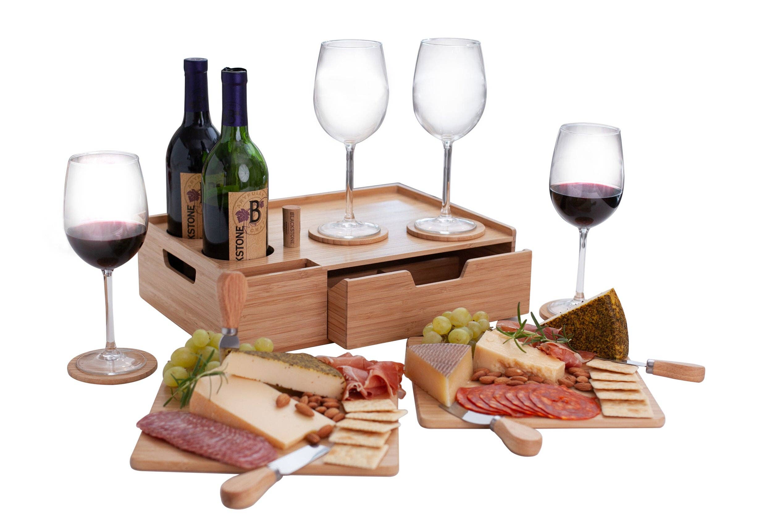 MobileVision - Wholesale Serving Tray - Bamboo Wine & Cheese Serving Tray with Drawer