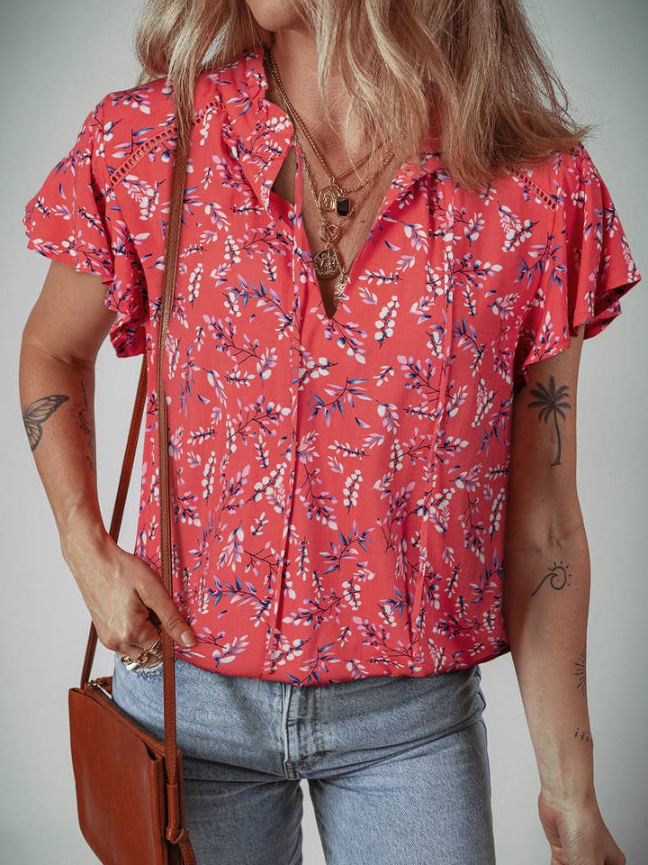 Red Floral Tie Split Neck Short Flounce Sleeve Crinkled Blouse for wholesale on Faire