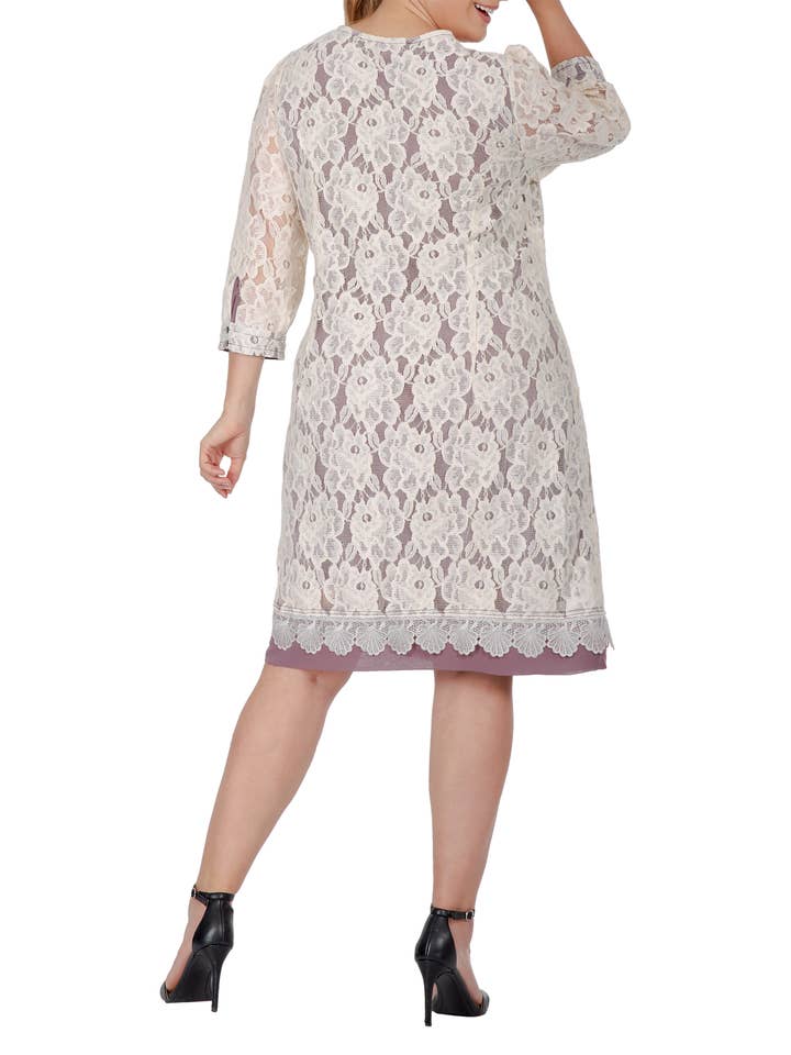 Standards & Practices - Vente Robe – femme - Robe mi-longue en dentelle florale à col bateau et manches 3/4 pour femmes1