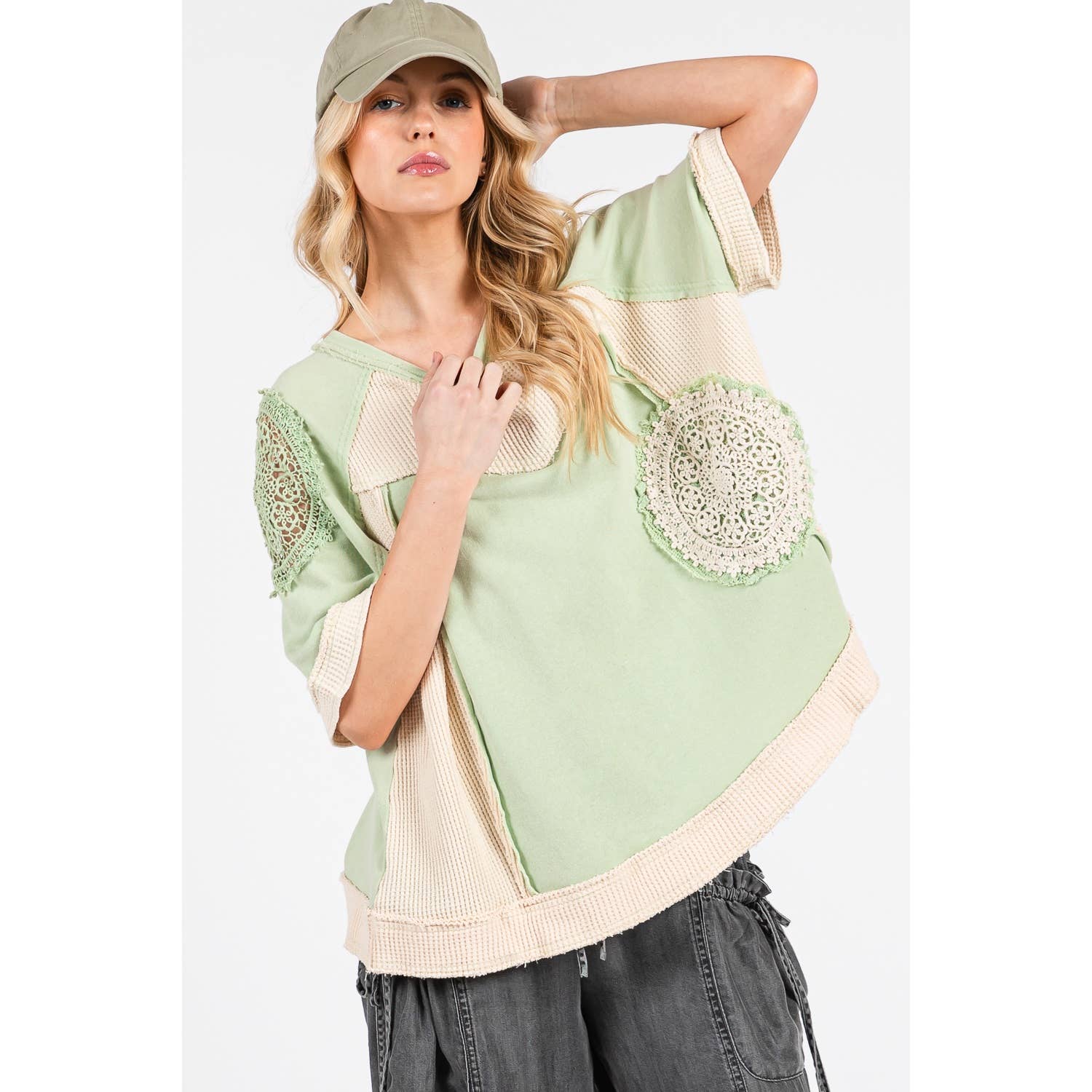 Sage VINTAGE CROCHET PATCHWORK TOP (ST7715) for wholesale on Faire7