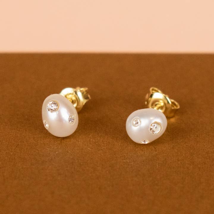 The Aura Studs: Baroque Pearl and Crystal Gemstone Earrings for wholesale by Cold Gold