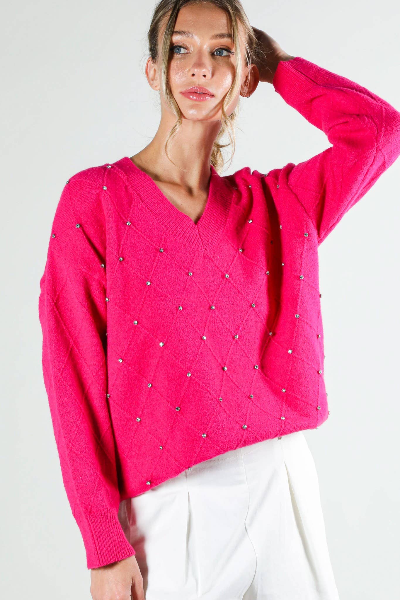 Vine & Love - Vendita all'ingrosso Maglione tricot - Donna - Maglione a maglia con scollo a V e accenti di strass a rombi VT81546-4