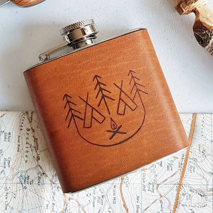 The Camp Fire Leather Hip Flask for wholesale by Hord