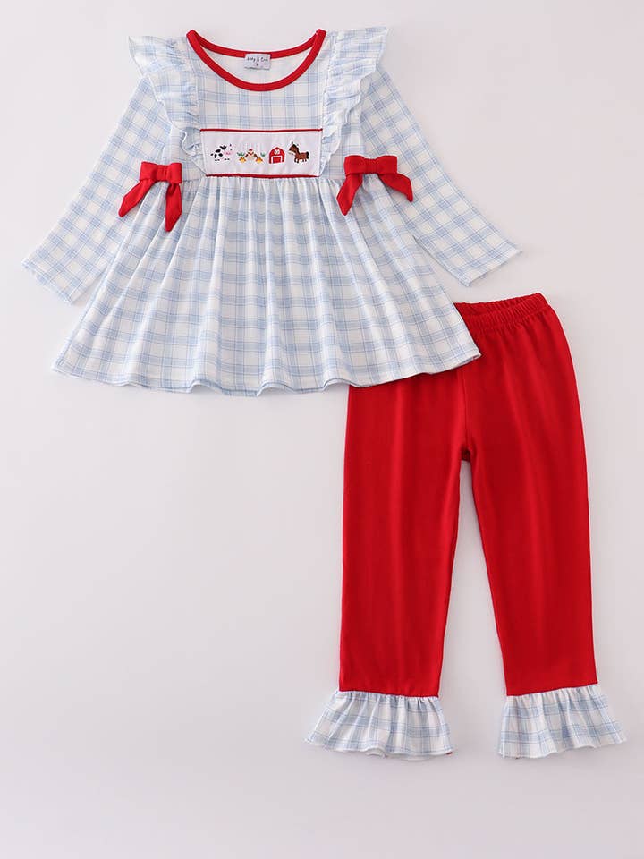 Blaue Bauernhof-Stickerei-Karo-Rüschenblase für den Großhandel von Aspen Rain Boutique