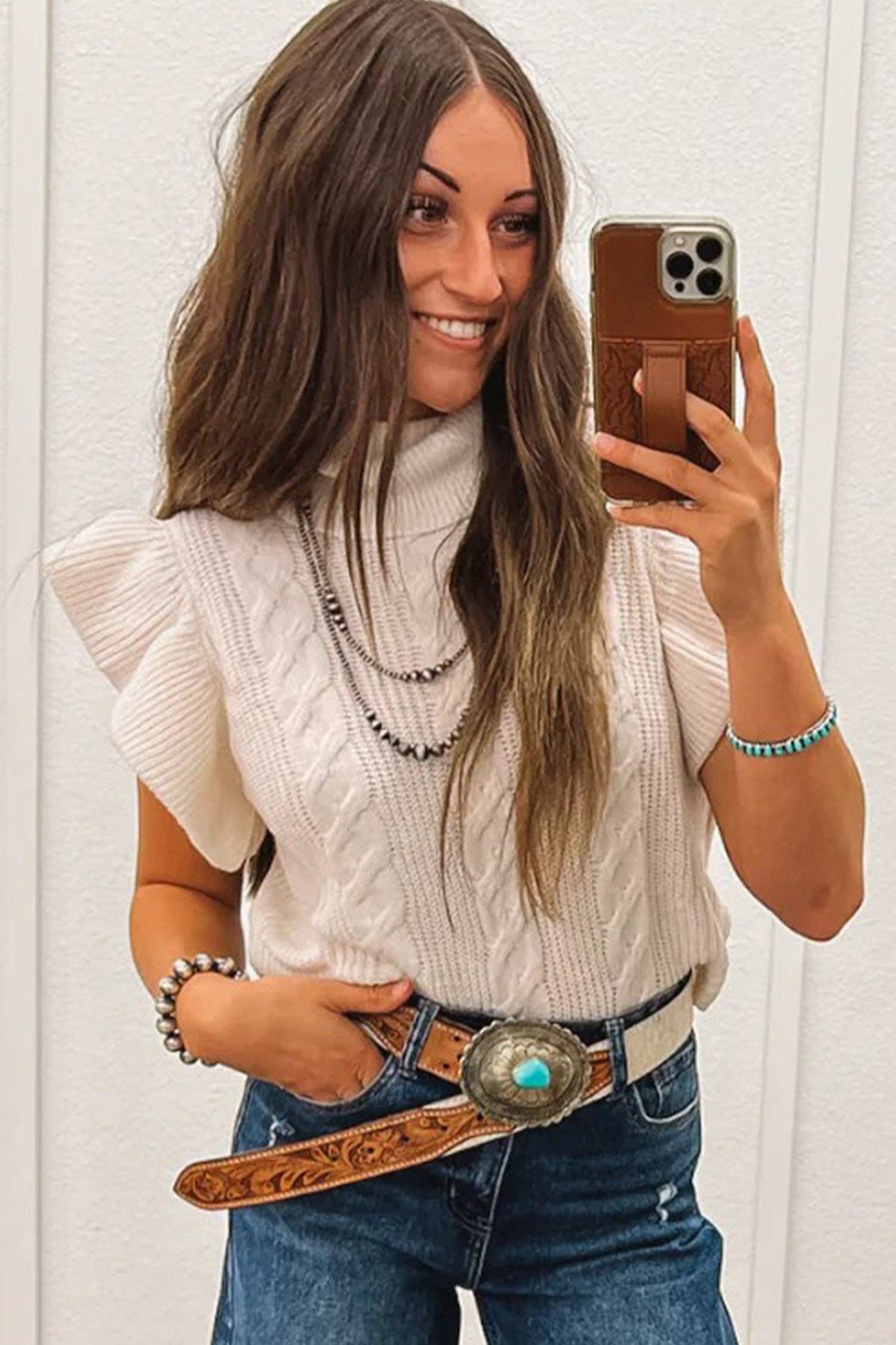 Suhkasana – wholesale Knitted jumper – Women′s – Western Cable Knit Turtleneck Ruffle Sleeve Sweater Top2