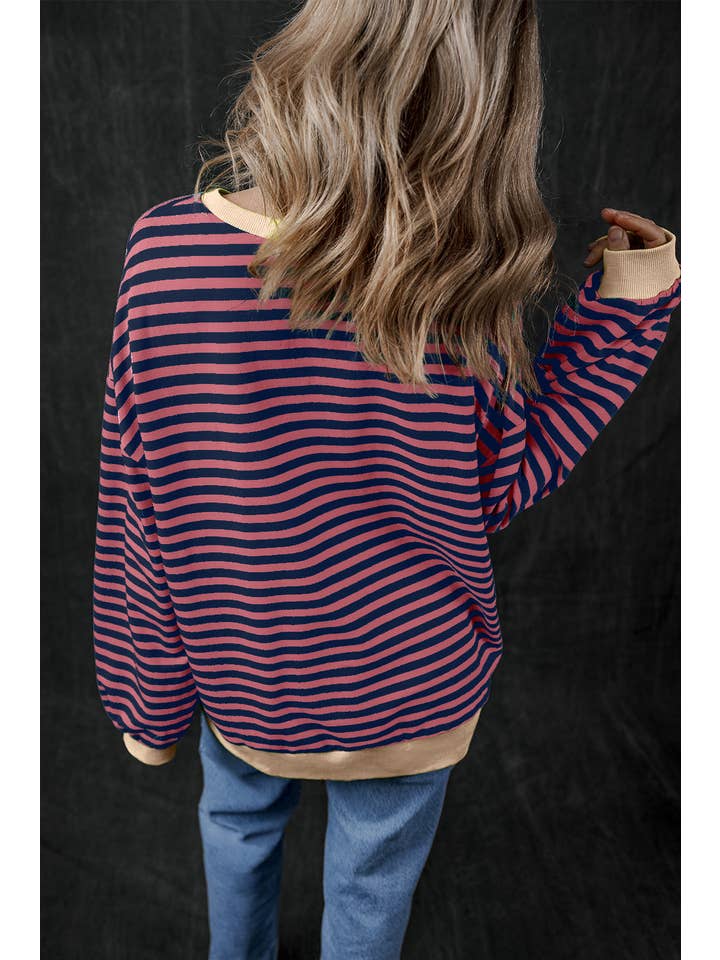 Amaryllis Apparel - Wholesale Sweatshirt - Women's - Stripe Oversized Contrast Trim Pullover Sweatshirt20
