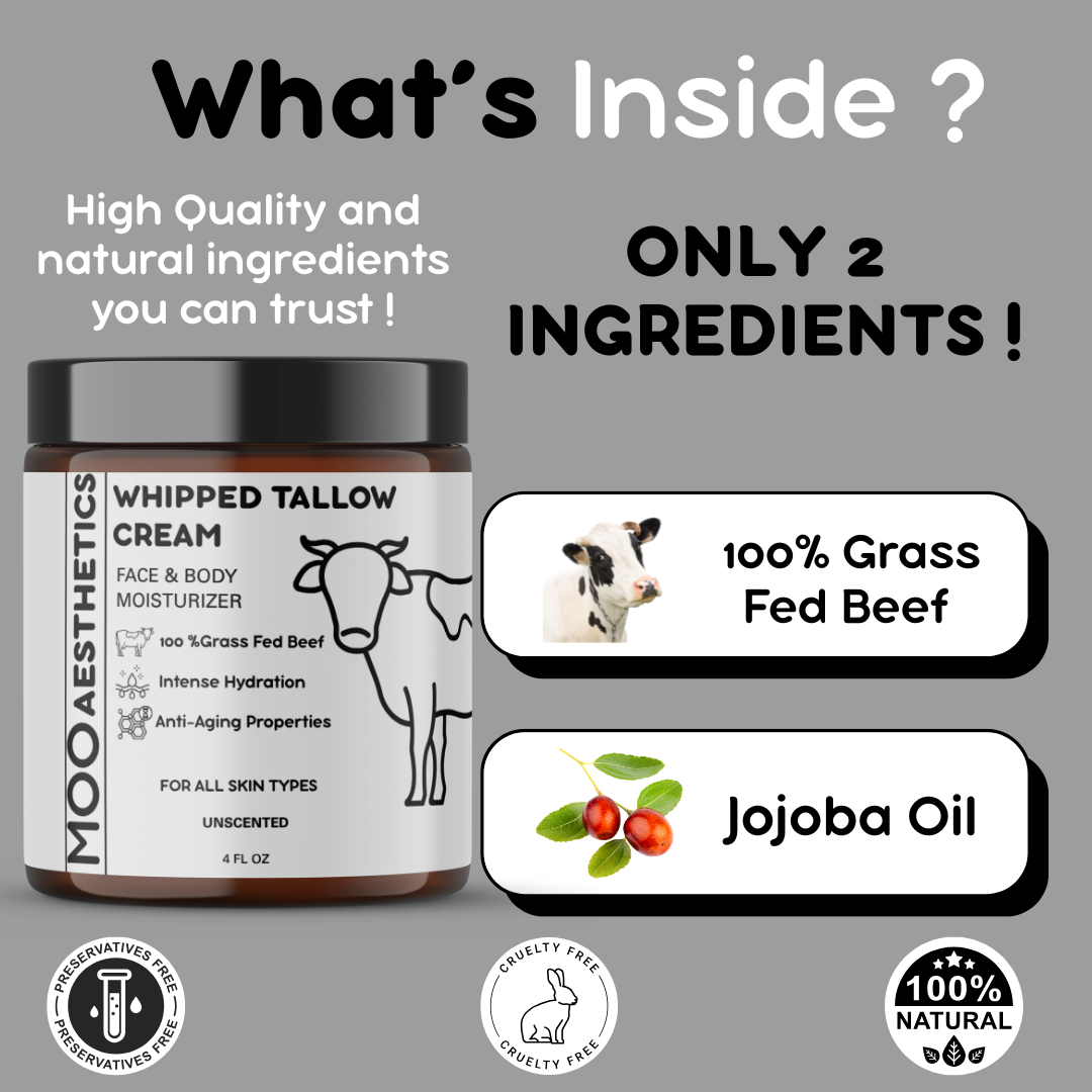 Moo Aesthetics - Wholesale Facial Moisturizer - Whipped Tallow Cream, 100% Grass Fed Tallow Skincare, 4oz1