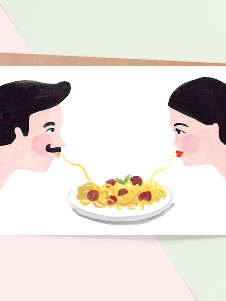 Pasta Couple Illustrated Valentine Card for wholesale by Jade Fisher