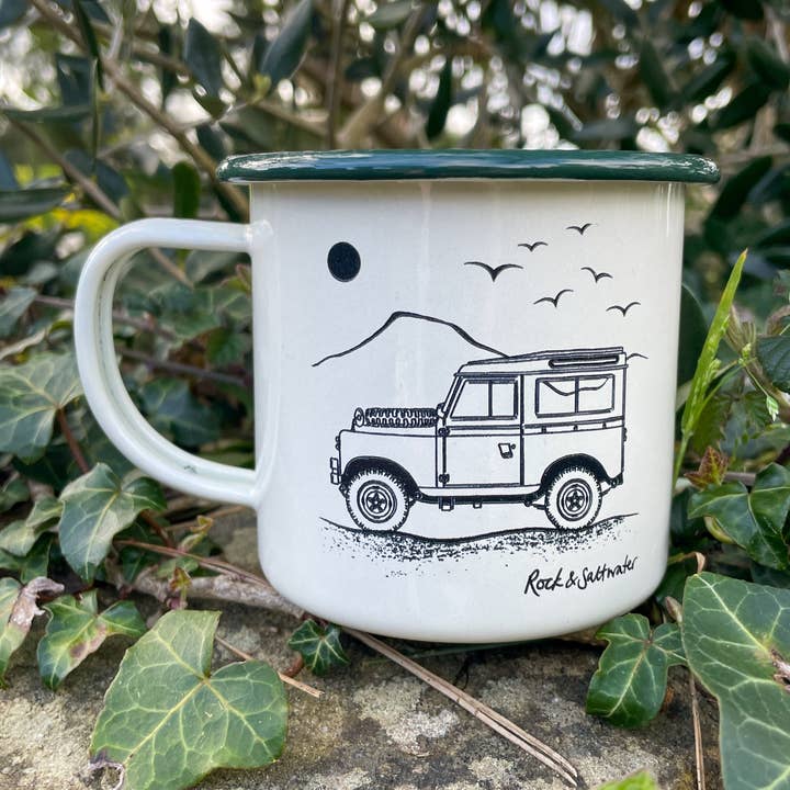 Land Rover side view with mountain enamel mug for wholesale by Rock & Saltwater