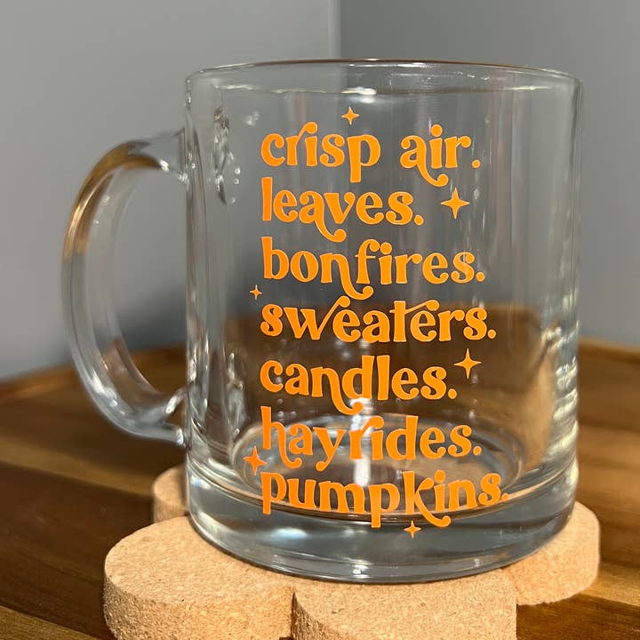 Fall Favorites 12oz Glass Mug || Fall Glass Mug for wholesale by KDC Craft Shop
