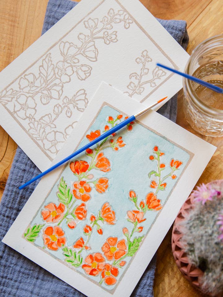 Kunstset „Globemallow Flower“, Aquarell, 5 x 7 für den Großhandel von Ashes & Arbor