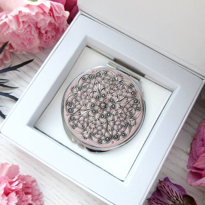 Espelho compacto de cristal extra grande - rosa por atacado de Crystal Filigree