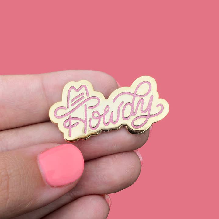 Howdy Pink Glitter Gold Enamel Pin for wholesale by A Fink & Ink