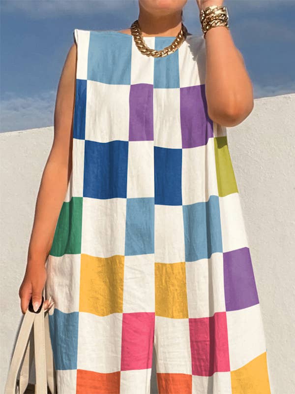 COLORFUL Loose Sleeveless Contrast Color Plaid Jumpsuits for wholesale on Faire