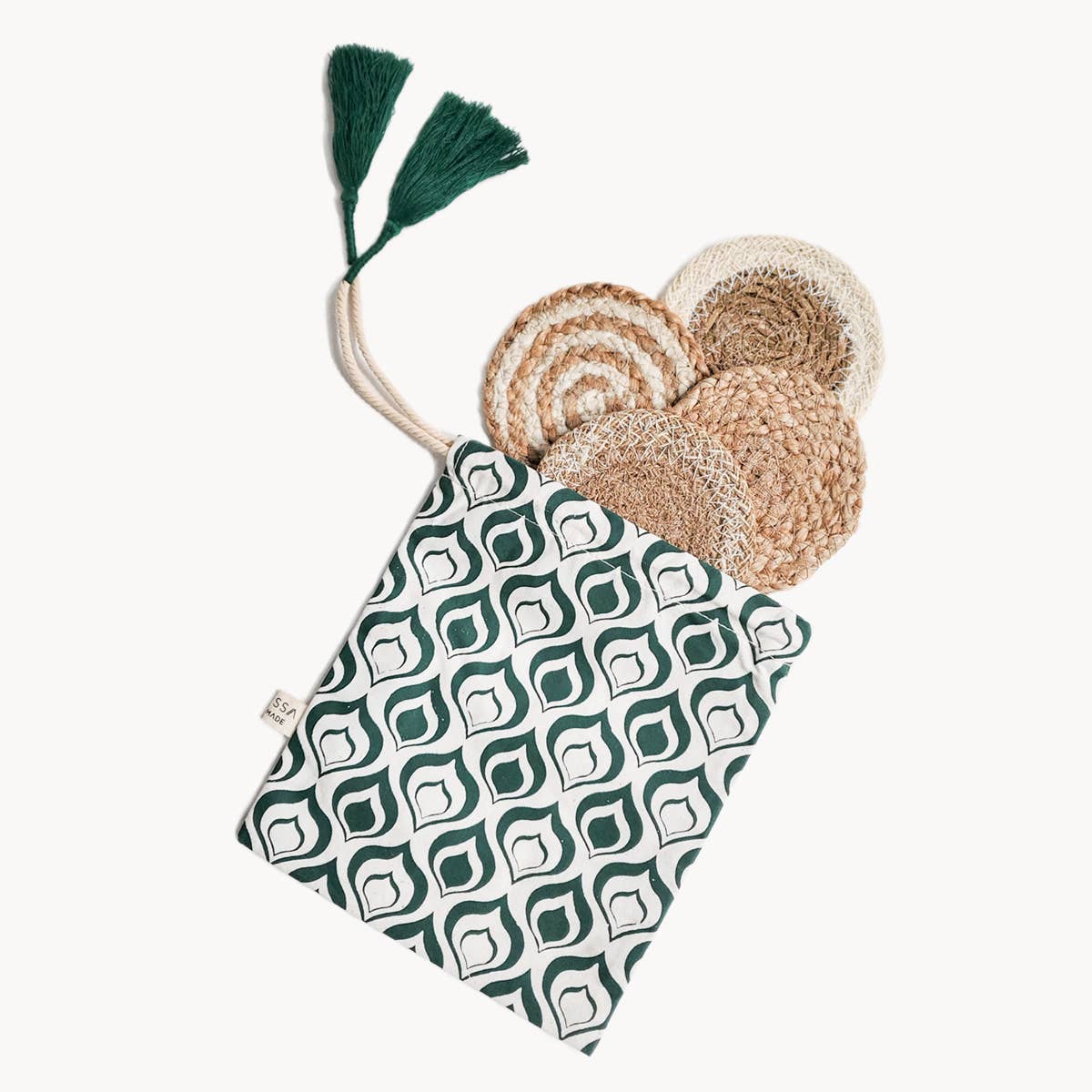 KORISSA - Wholesale Coasters - Handwoven Natural Drink Coaster • Gift Set with Green pouch1