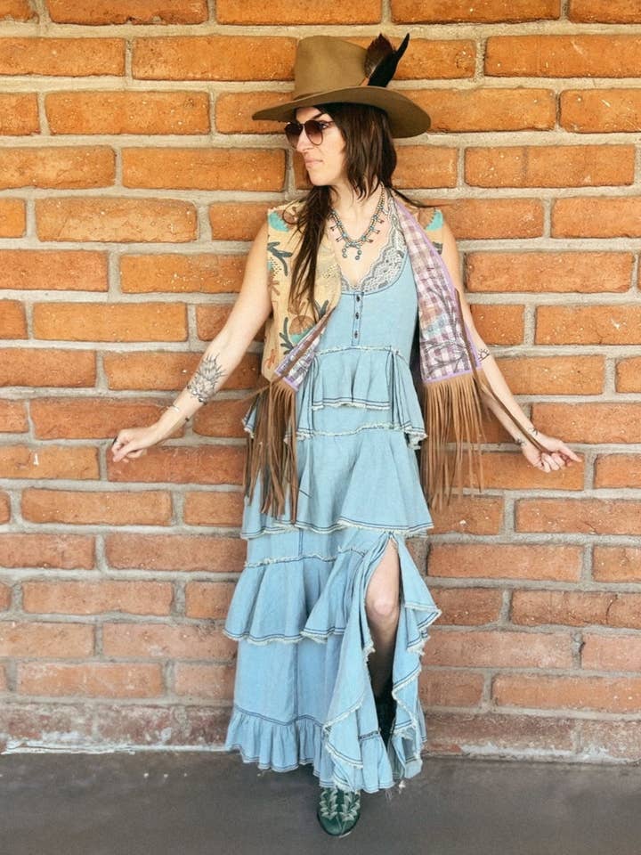 Wylder Trading Company - Wholesale Outerwear Vest - Women's - Boho Western Fringe Cowgirl Hippie Vest Leather Kantha22