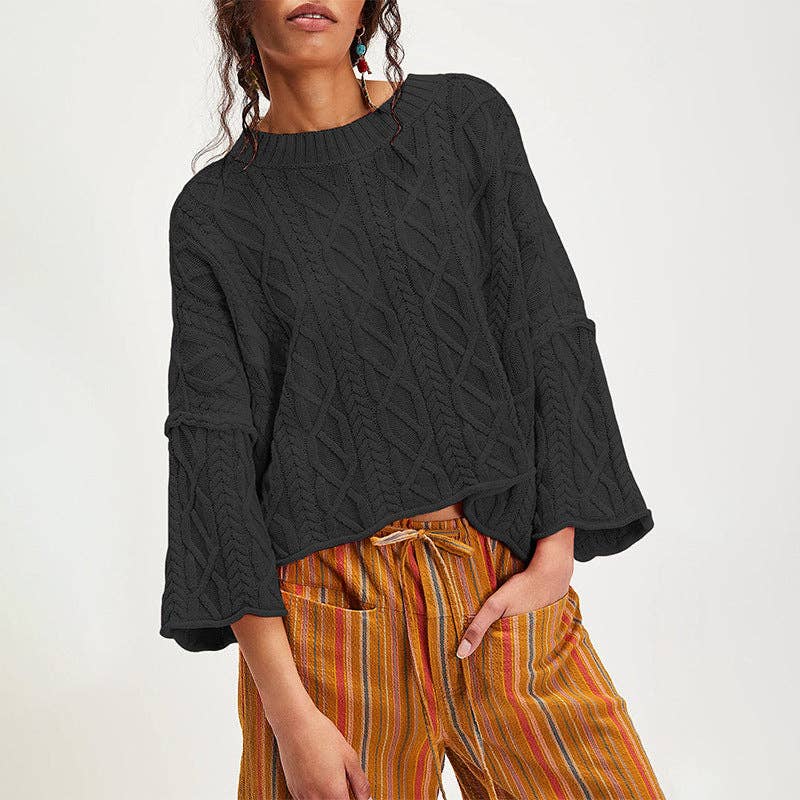 Lovesoft - Wholesale Knit Sweater - Women's - Cropped Cable Knit Sweater | 7/8 Bell Sleeve Pullover Women0