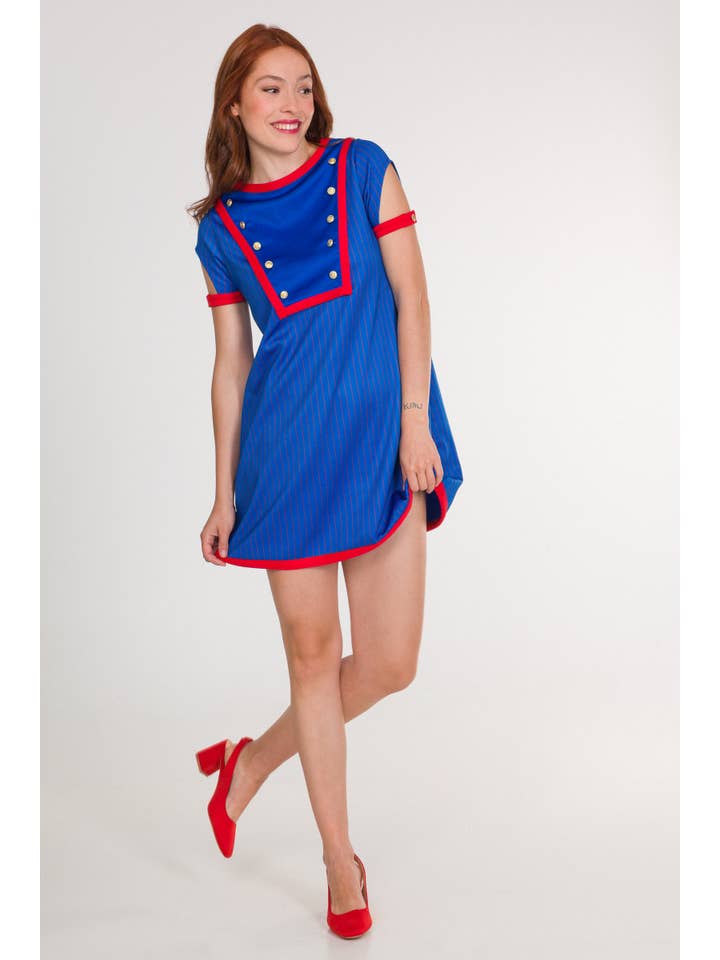 Black Flamingo - Vendita all'ingrosso Vestito - Donna - Abito corto alla marinara Navia con gessato e bottoni, blu e rosso