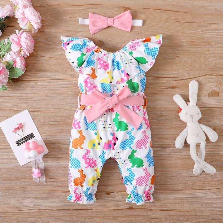 Flerfärgad 3st Baby Allover Flerfärgad kanin volangkrage jumpsuit för wholesale på Faire