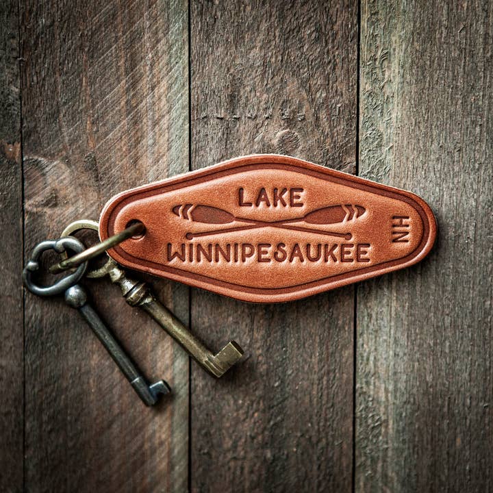 Lake Winnipesaukee Paddles Leather Keychain Motel Style for wholesale by Sugarhouse Leather