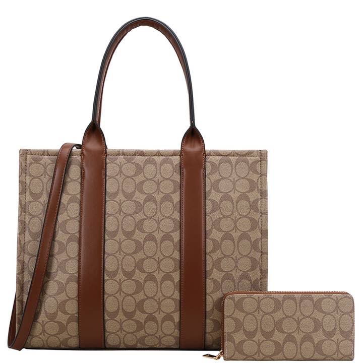 2IN1 OVAL PRINT HANDLE TOTE W WALLET SET, XFT 9145W for wholesale by JOIA ACCESSORIES